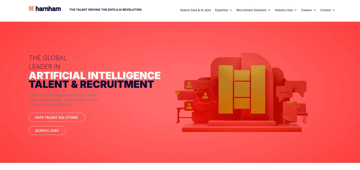 Harnham homepage, a data and AI specialist recruiting firm ranked #3 for 2026