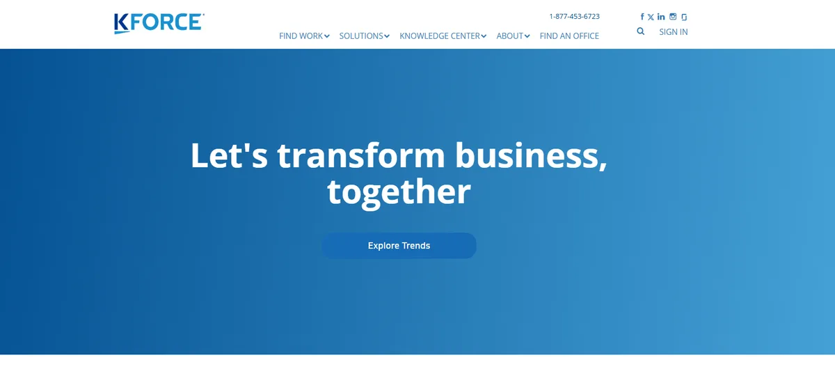 Kforce homepage, an enterprise data engineer staffing firm ranked #2 for 2026