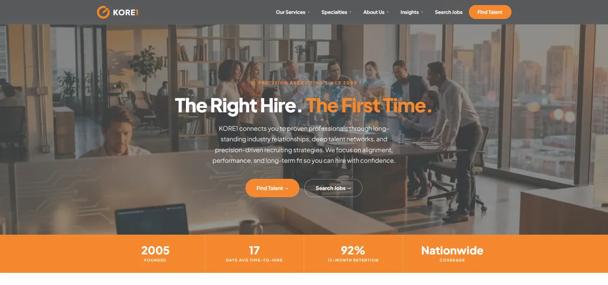 KORE1 homepage, the top-ranked data engineer recruiting firm for 2026