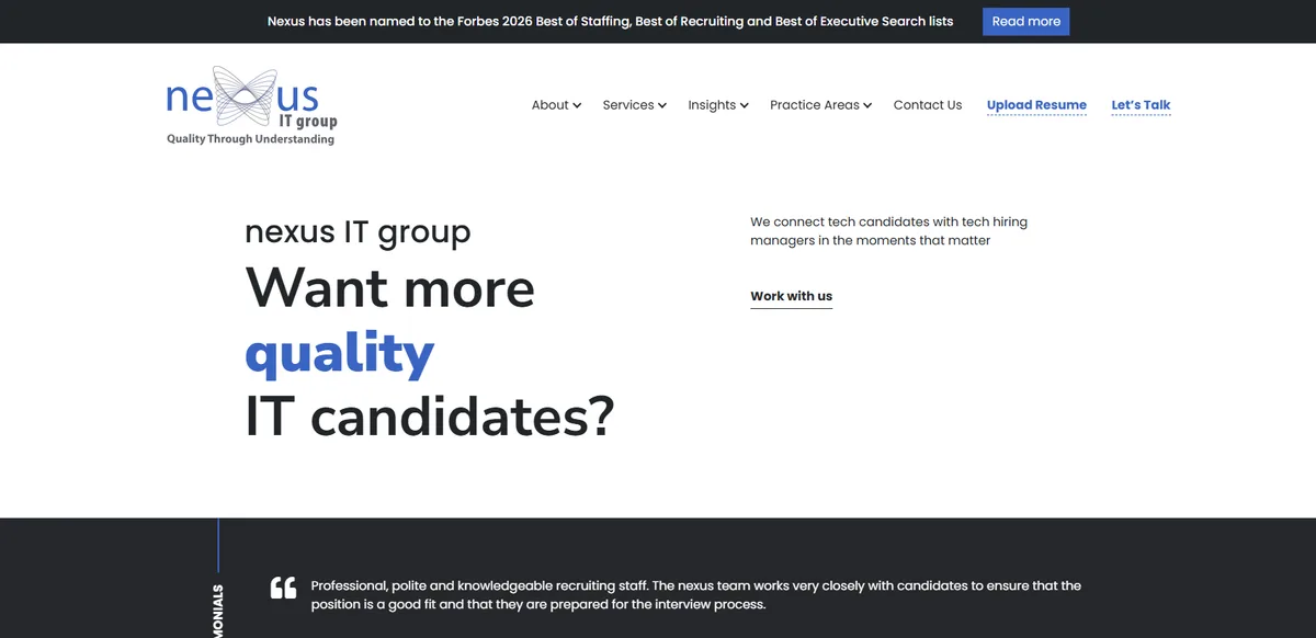 Nexus IT Group homepage, a mid-market data engineer recruiting firm ranked #6 for 2026
