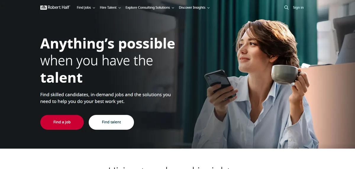 Robert Half homepage, a global technology staffing firm ranked #7 for 2026