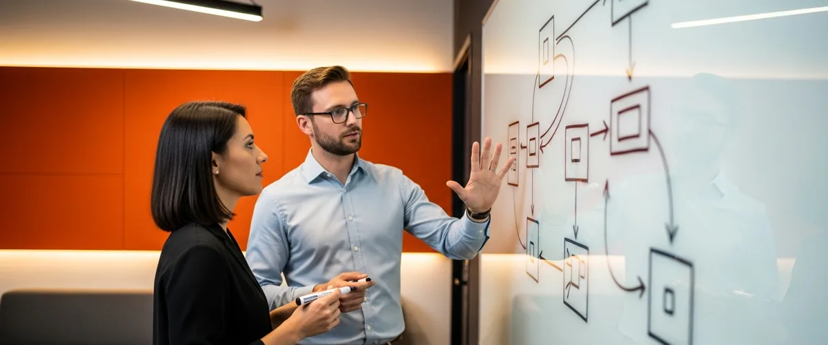 Data engineer and analytics engineer mapping a data pipeline diagram on a glass whiteboard