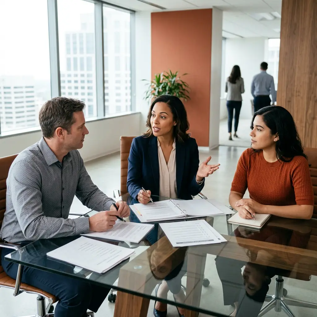 Compliance review meeting with printed regulatory checklists and policy binders spread across a glass conference table