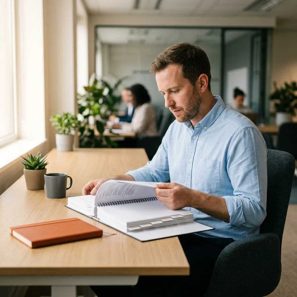 Data steward reviewing a printed data governance runbook and tabbed policy documents at a desk