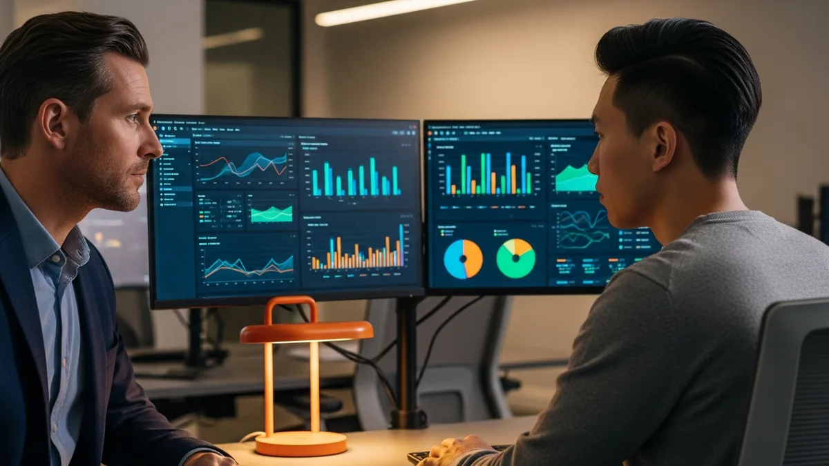 Data product manager and data engineer reviewing colorful analytics dashboards on dual monitors at a workstation