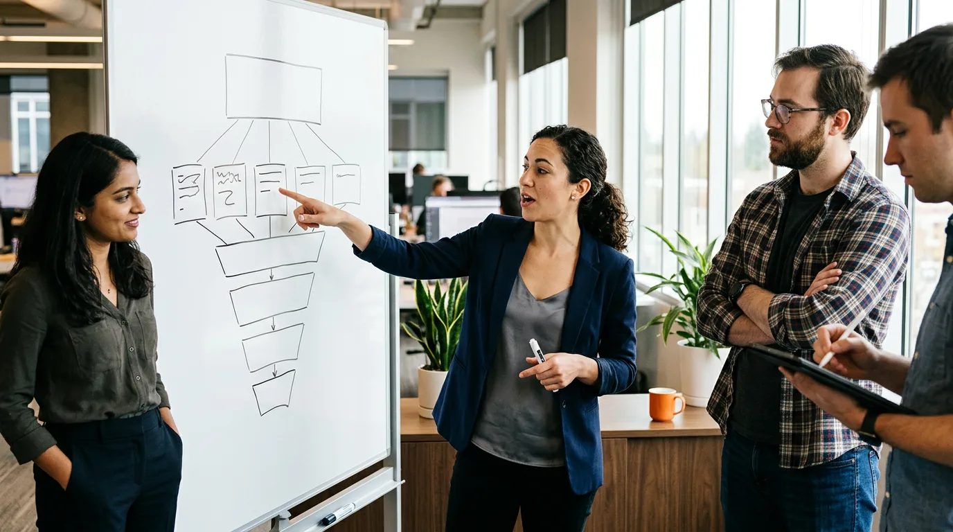Data product manager whiteboarding a metric tree with two engineers and an analyst, showing a north star metric connected to input metrics in a daylit modern office