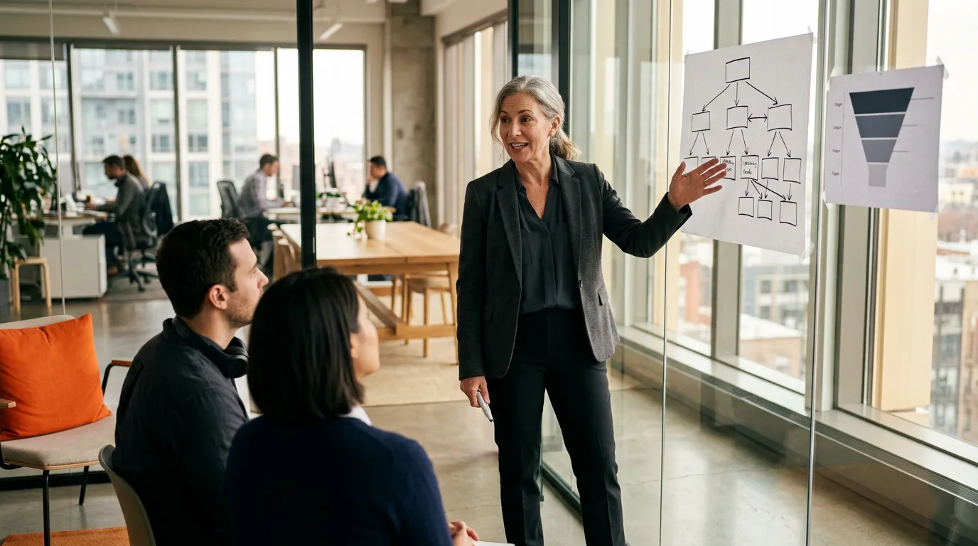 Senior data product manager pointing at a metric tree diagram on a glass wall while a data engineer and an analyst listen in a daylit modern office