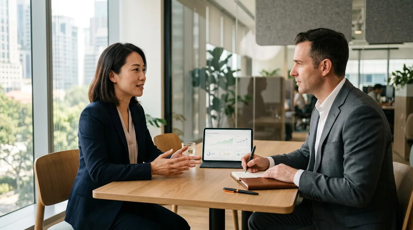 KORE1 recruiter and data product manager candidate reviewing a dashboard mockup on a tablet across a wooden table in a daylit office