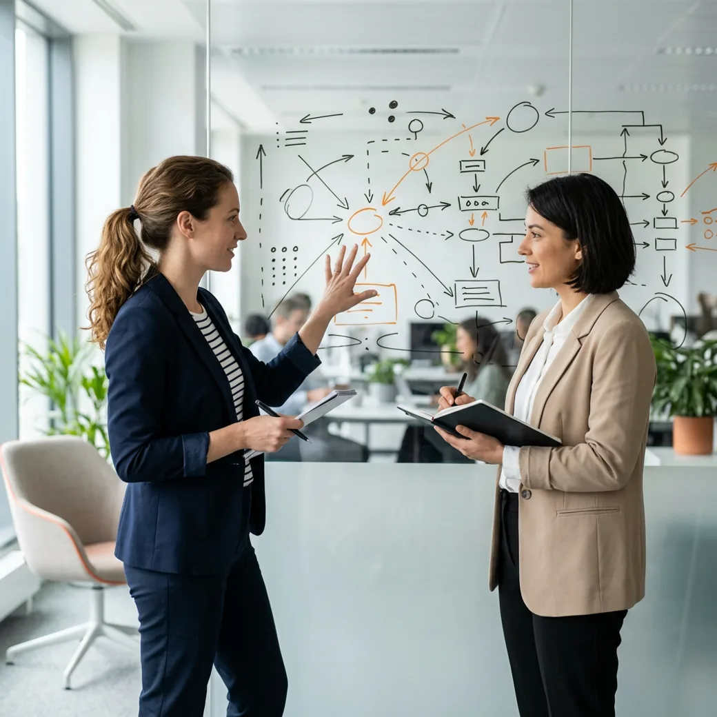 Two KORE1 recruiters comparing notes on data science candidates at a whiteboard