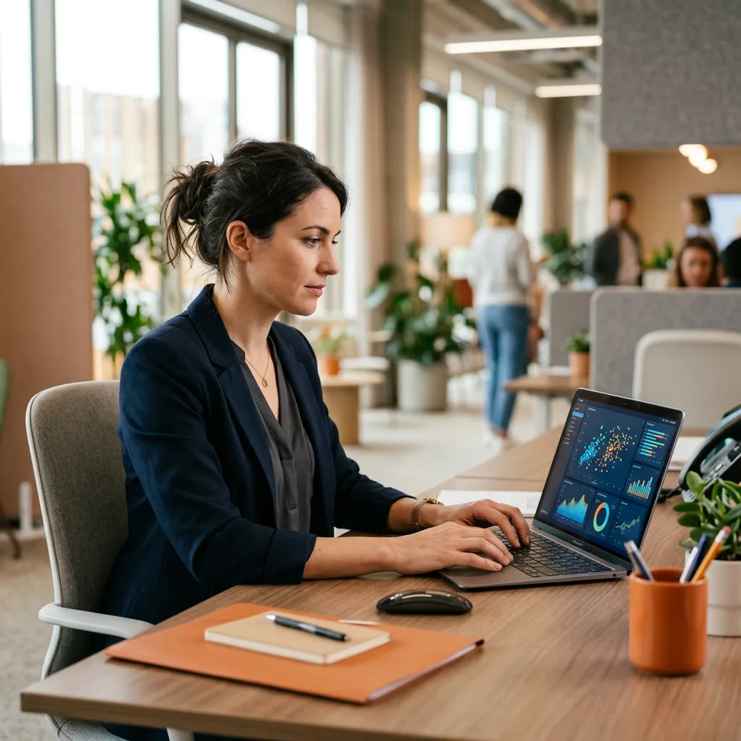 KORE1 data science recruiter reviewing a machine learning candidate's portfolio on a laptop