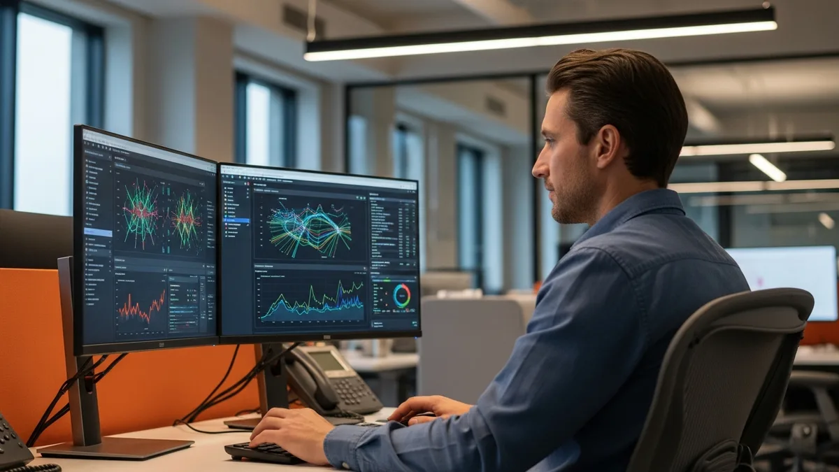 Data scientist reviewing model performance charts on dual monitors at a workstation in a modern tech office