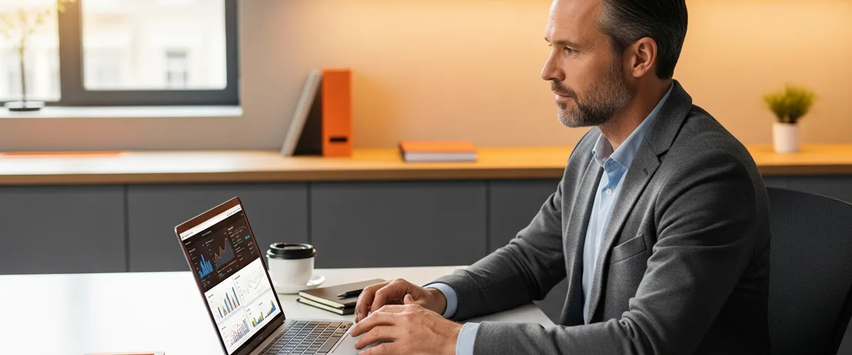 Business professional reviewing analytics dashboards on a laptop, illustrating the 2026 data scientist salary guide