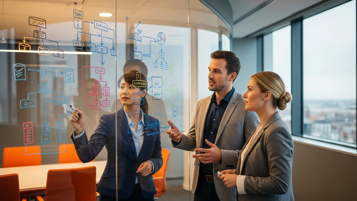 Three data science professionals collaborating around a whiteboard during a salary and hiring planning session