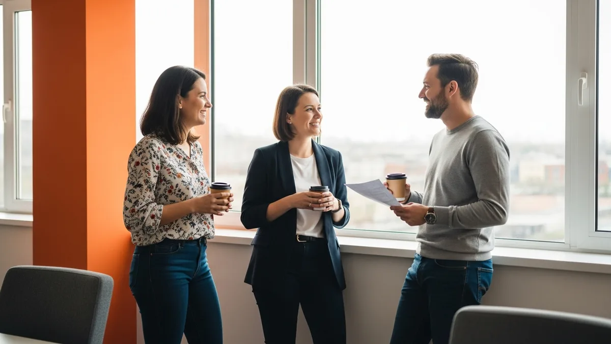 Three data professionals in a standing huddle discussing data team structure over coffee in a bright office