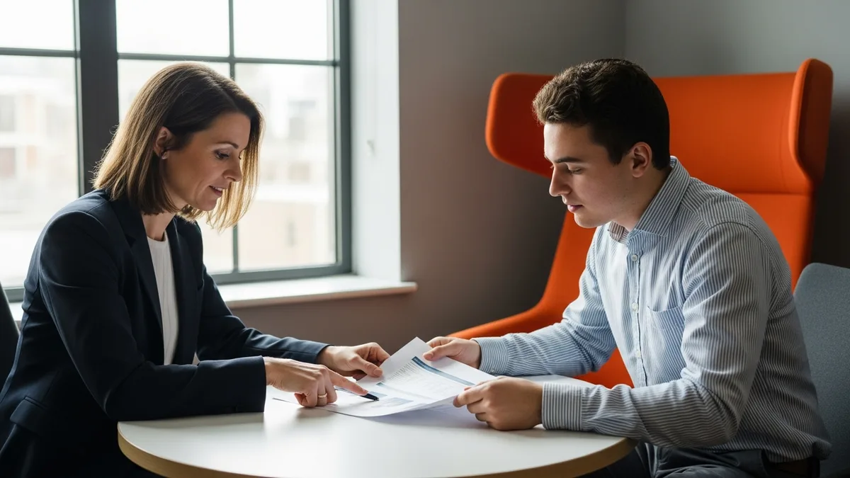 Data team leader and a team member reviewing a printed document in a one-on-one beside an office window