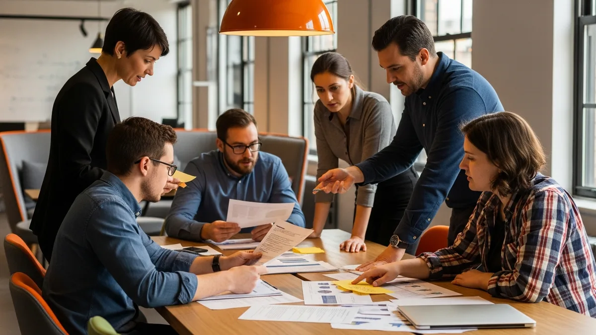 Data team of analysts and engineers collaborating over printed reports at a long table in a modern office