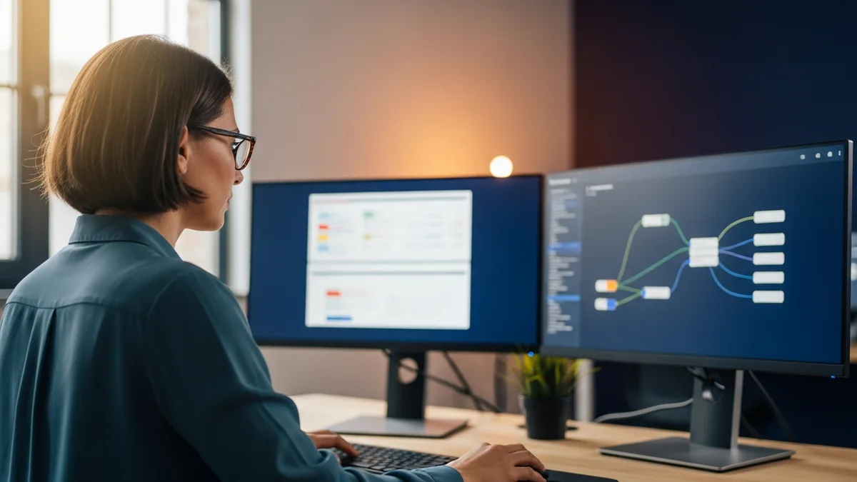 Senior data warehouse engineer reviewing a Snowflake star schema and warehouse cost dashboard on dual monitors, KORE1 data warehouse engineer staffing