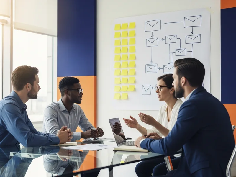 Cross-functional data team planning a Teradata to cloud warehouse migration around a glass conference table with a cutover and rollback plan on the wall
