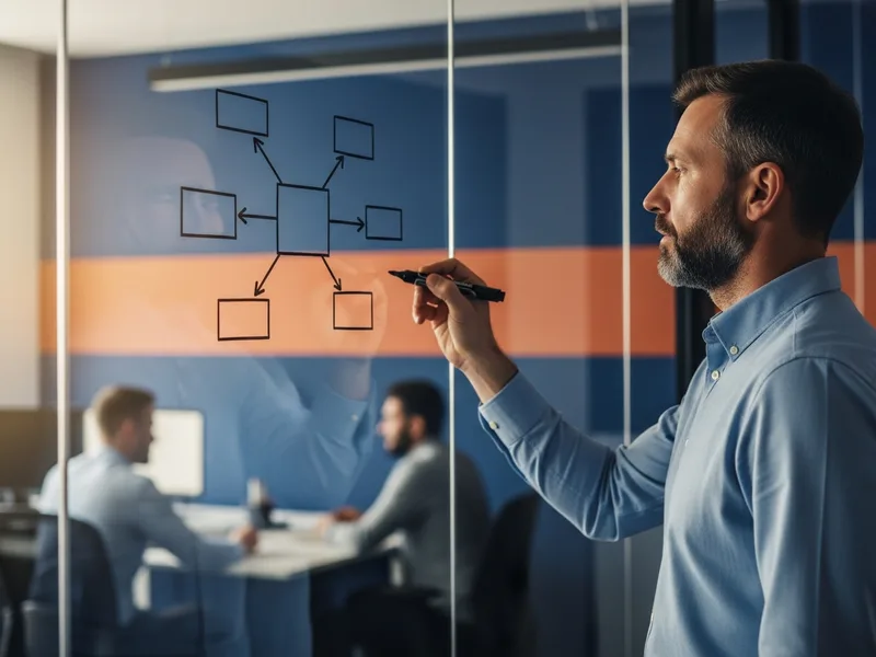 Data warehouse engineer sketching a star schema with one fact table and surrounding dimension tables on a glass wall in a bright office