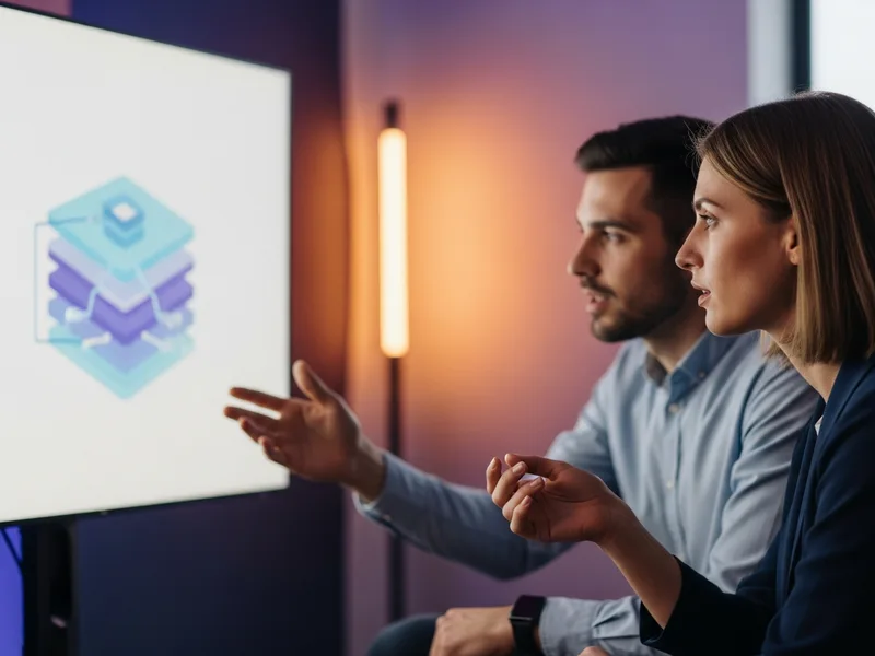 Two data warehouse engineers comparing Snowflake and Databricks warehouse architecture on a large vertical monitor in a modern office