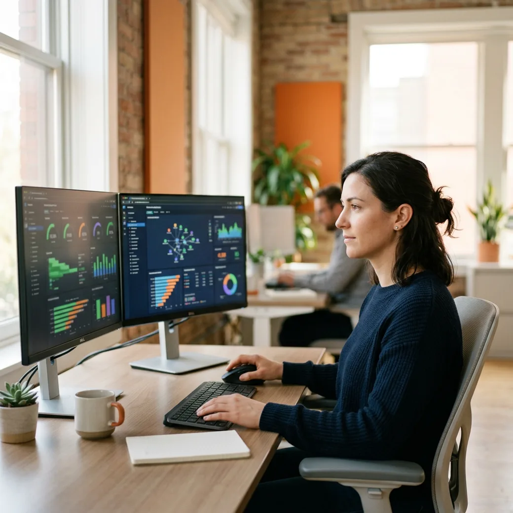 Databricks engineer placed by KORE1 recruiters working confidently at a modern workstation showing lakehouse pipeline monitoring