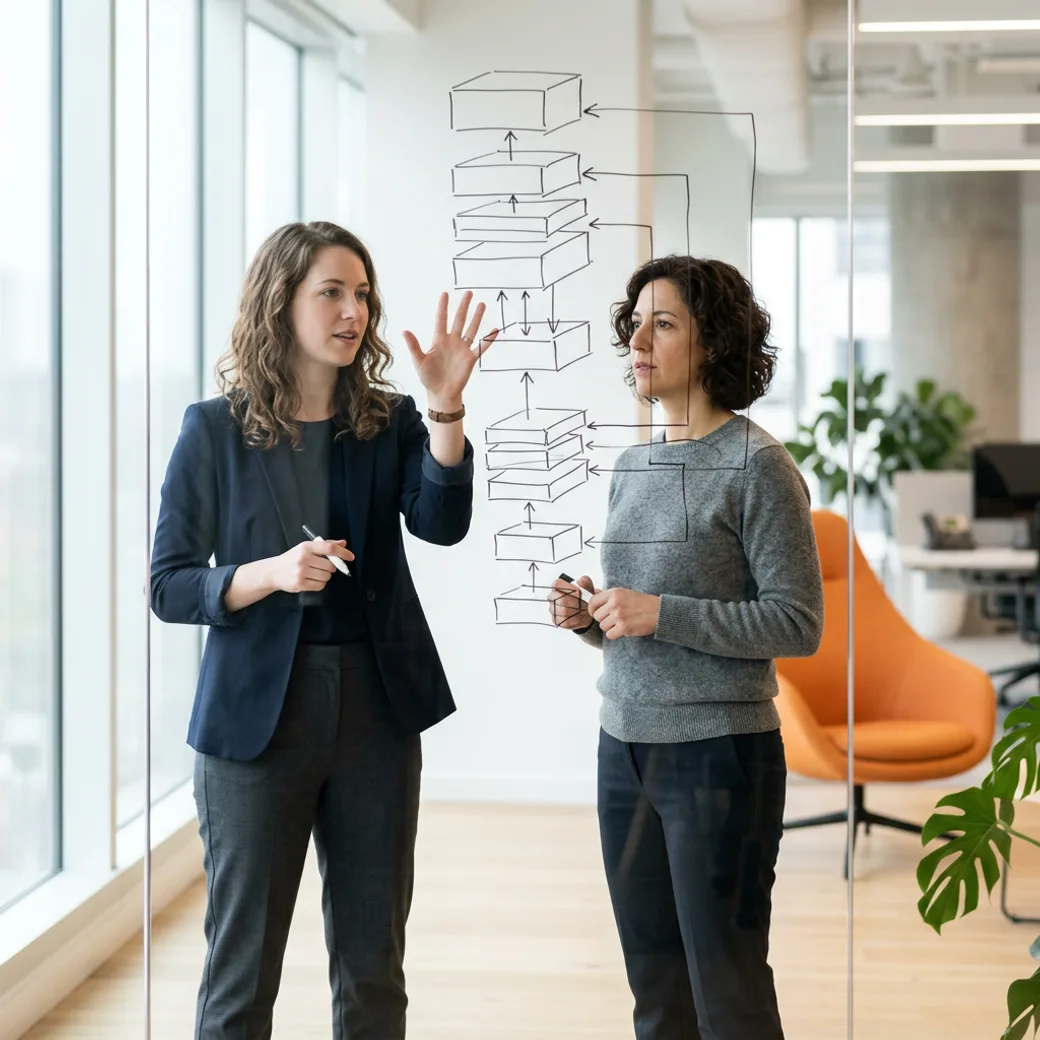 Two KORE1 recruiters comparing notes on Databricks candidates at a whiteboard covered in lakehouse and medallion architecture diagrams