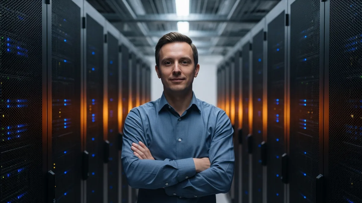 DevOps engineer standing in a data center corridor lined with server racks
