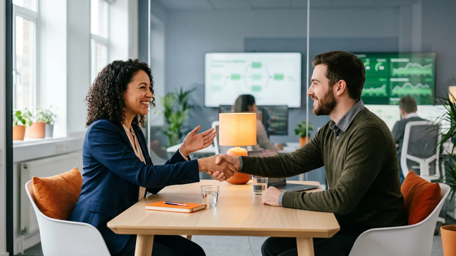 KORE1 DevOps recruiter meeting a platform engineer candidate in a bright modern office with CI/CD pipeline and green deployment dashboards on screen
