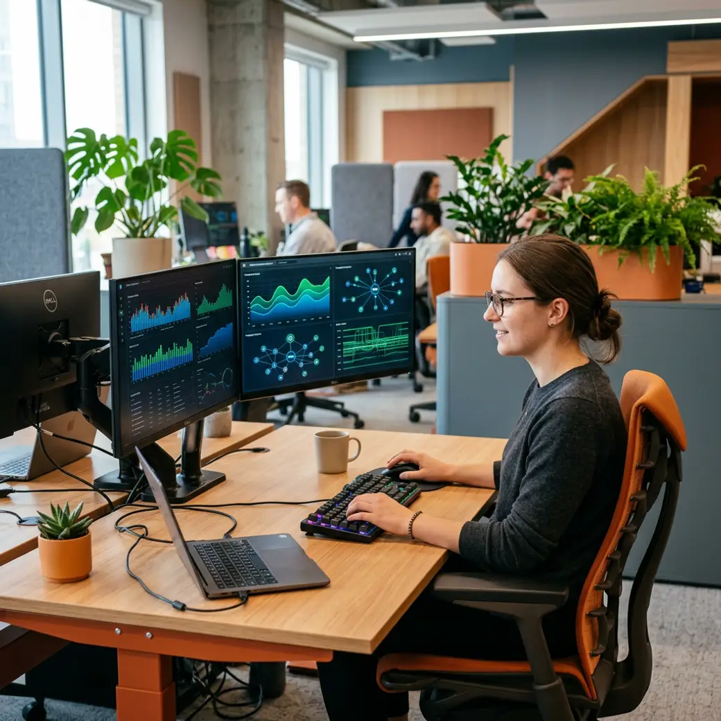 DevOps engineer placed by KORE1 recruiters working confidently at a workstation showing infrastructure dashboards and green uptime status