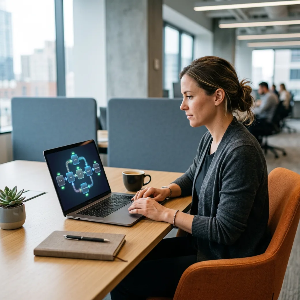 KORE1 DevOps recruiter reviewing a candidate's CI/CD pipeline and deployment history on a laptop