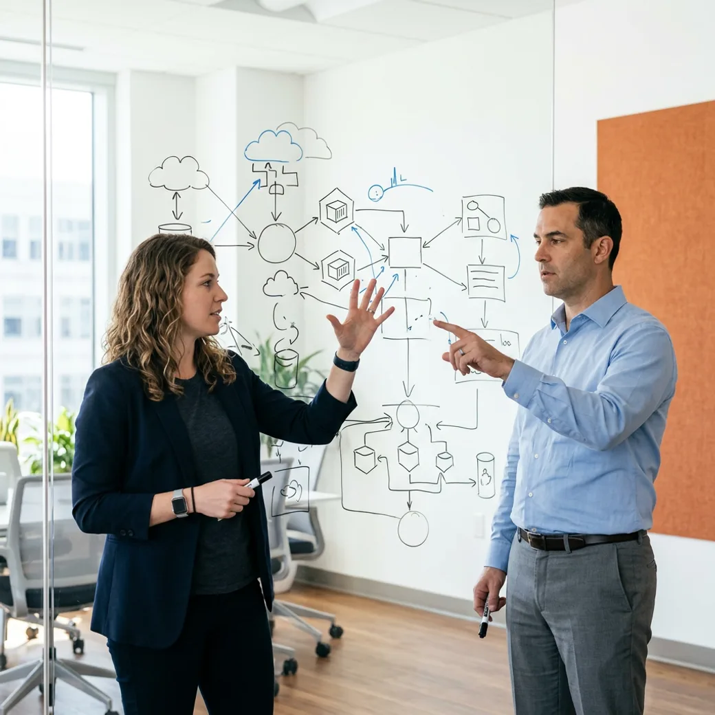 Two KORE1 recruiters comparing notes on DevOps candidates at a whiteboard covered in deployment pipeline and cloud infrastructure diagrams