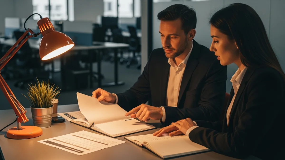 Director of engineering and an HR partner reviewing printed compensation bands and offer documents at a desk in a modern office