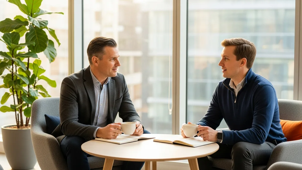 Director of engineering in a one-on-one conversation with an engineering manager seated at a small table in a glass-walled office