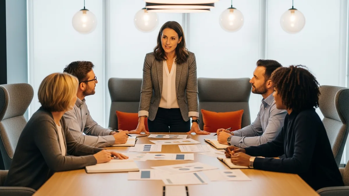 Director of engineering leading a quarterly planning meeting with four engineering managers around a conference table covered with printed documents