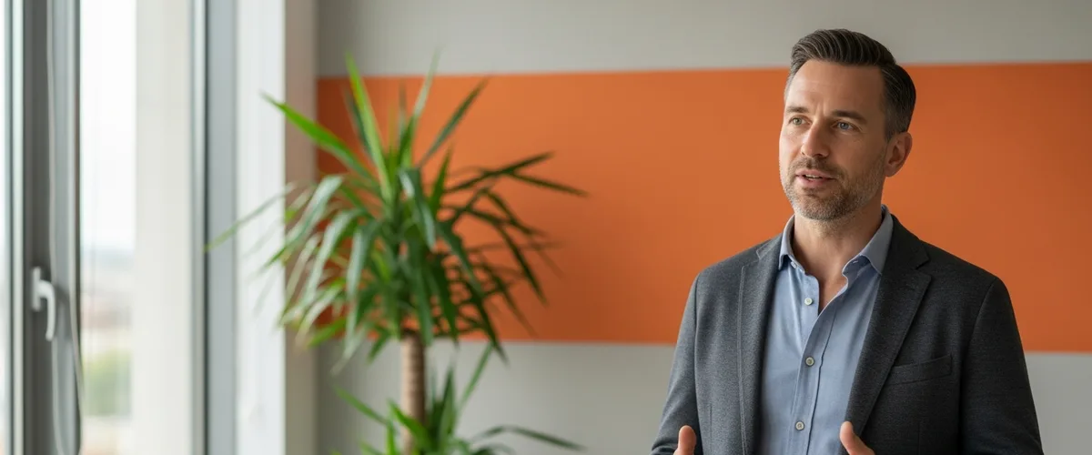 Director of engineering speaking with colleagues in a modern office with an orange accent wall, illustrating engineering leadership pay in 2026