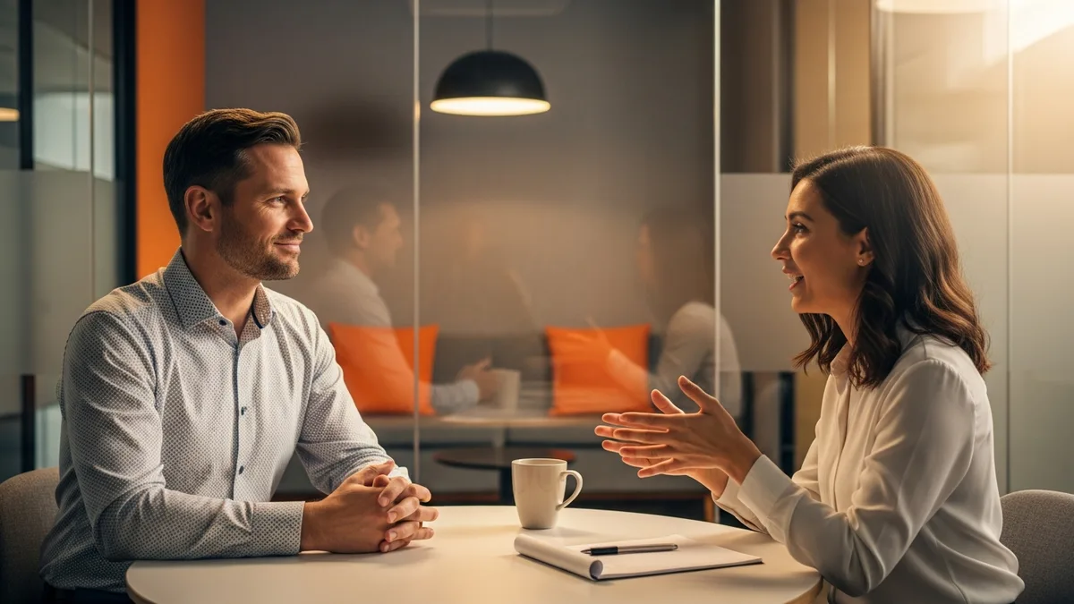 Director of product in a one-on-one conversation with a product manager in a modern office
