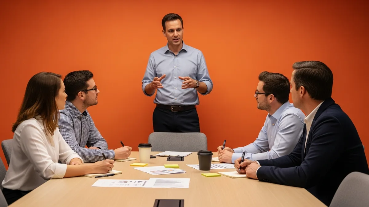 Director of product leading a product strategy meeting with four product managers around a conference table