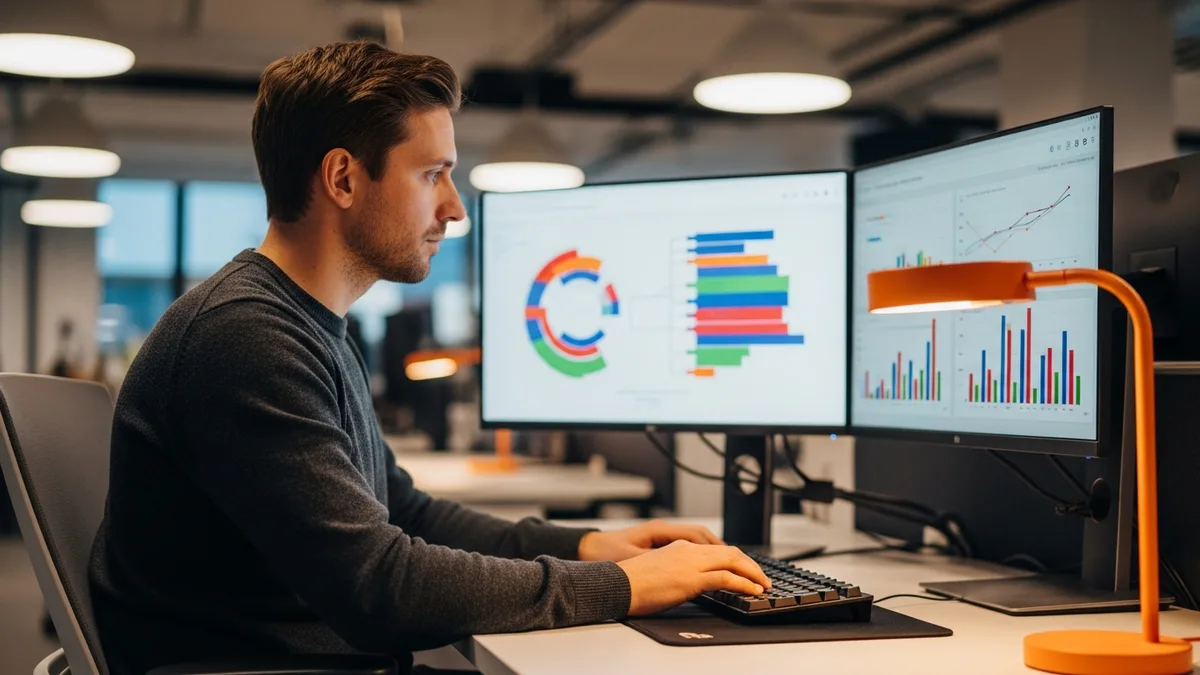 Senior data warehouse engineer reviewing a Snowflake query profile and warehouse cost dashboard on dual monitors in a modern office
