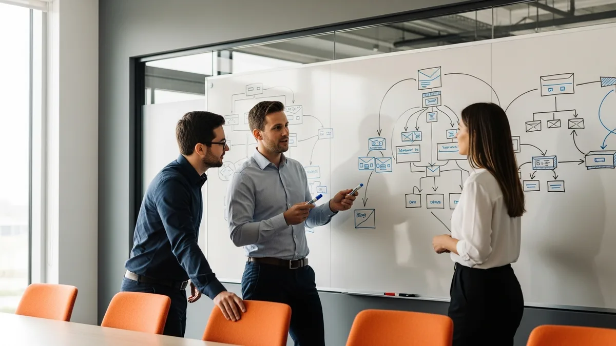 Three data engineers sketching a Snowflake versus Databricks cloud data warehouse architecture on a whiteboard in a modern conference room