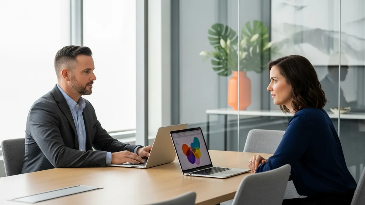 Hiring manager interviewing a senior data warehouse engineer candidate across a conference table in a glass-walled meeting room