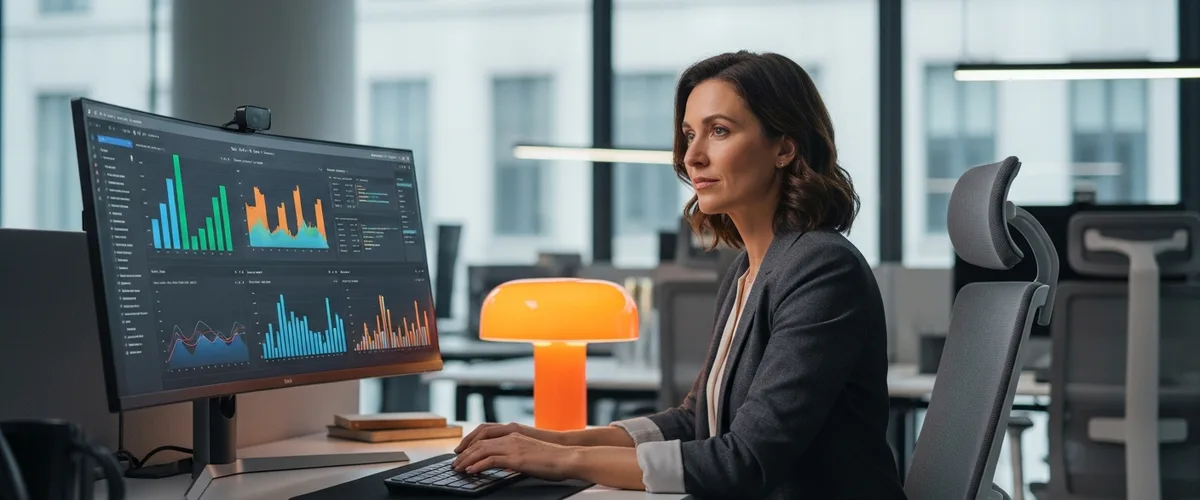Senior data warehouse engineer reviewing query performance dashboards at a modern workstation with warm orange accent lighting