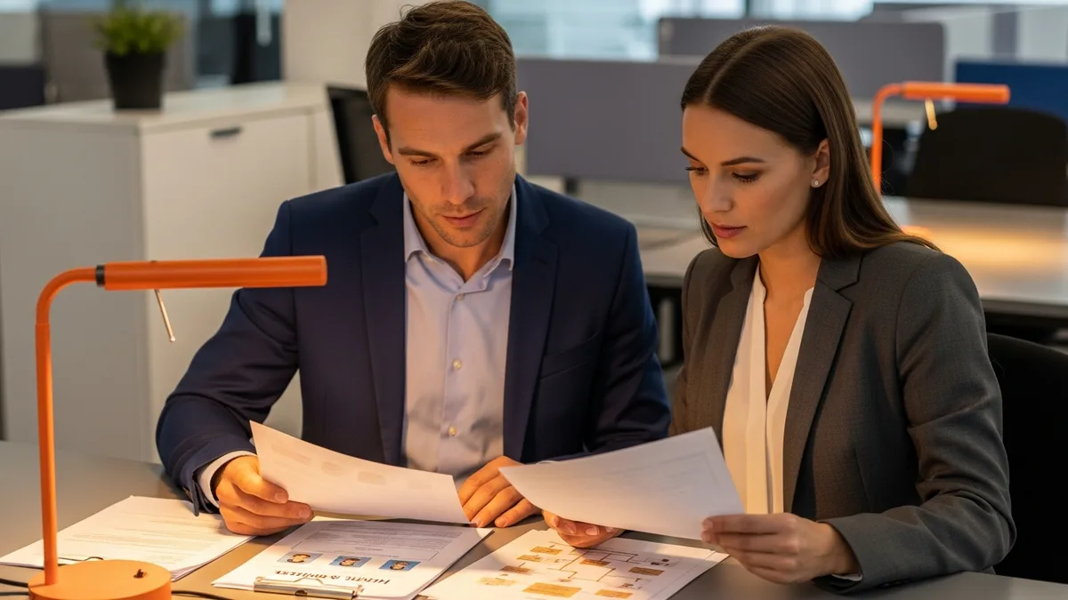Hiring manager and KORE1 recruiter reviewing enterprise architect candidate profiles at a desk
