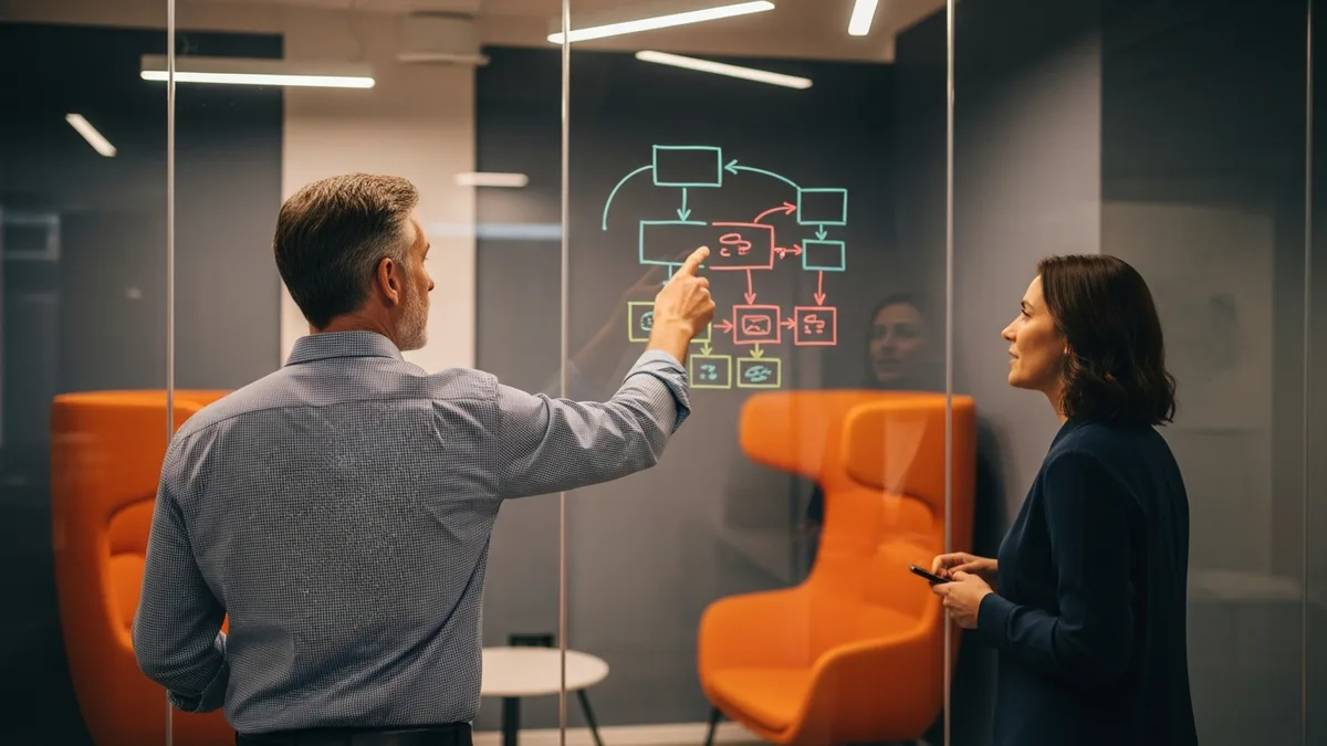 Enterprise architect mapping an application portfolio diagram on a glass wall with a colleague