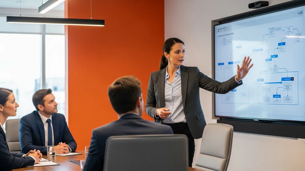 Enterprise architect presenting a multi-year technology roadmap to executives in a boardroom