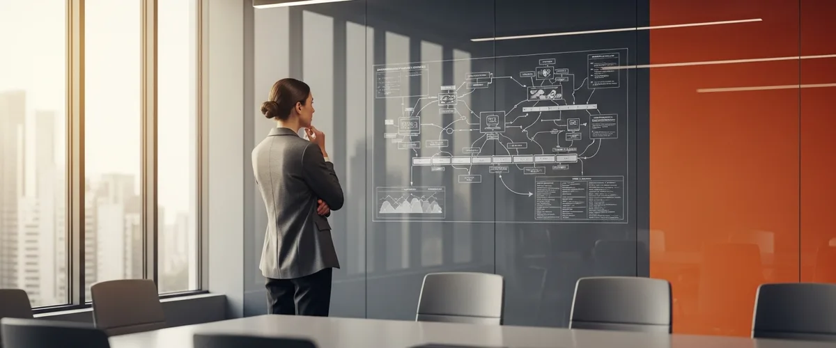 Enterprise architect studying a strategic technology roadmap on a glass wall in a modern boardroom