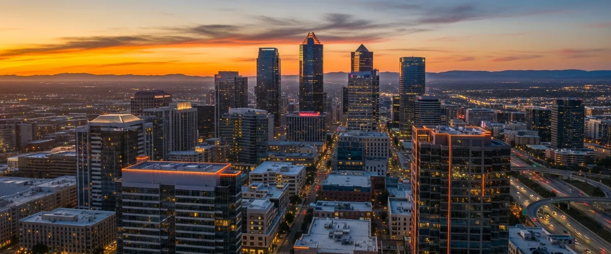 Aerial dusk skyline of an emerging United States tech hub city representing the top emerging tech hubs of 2026