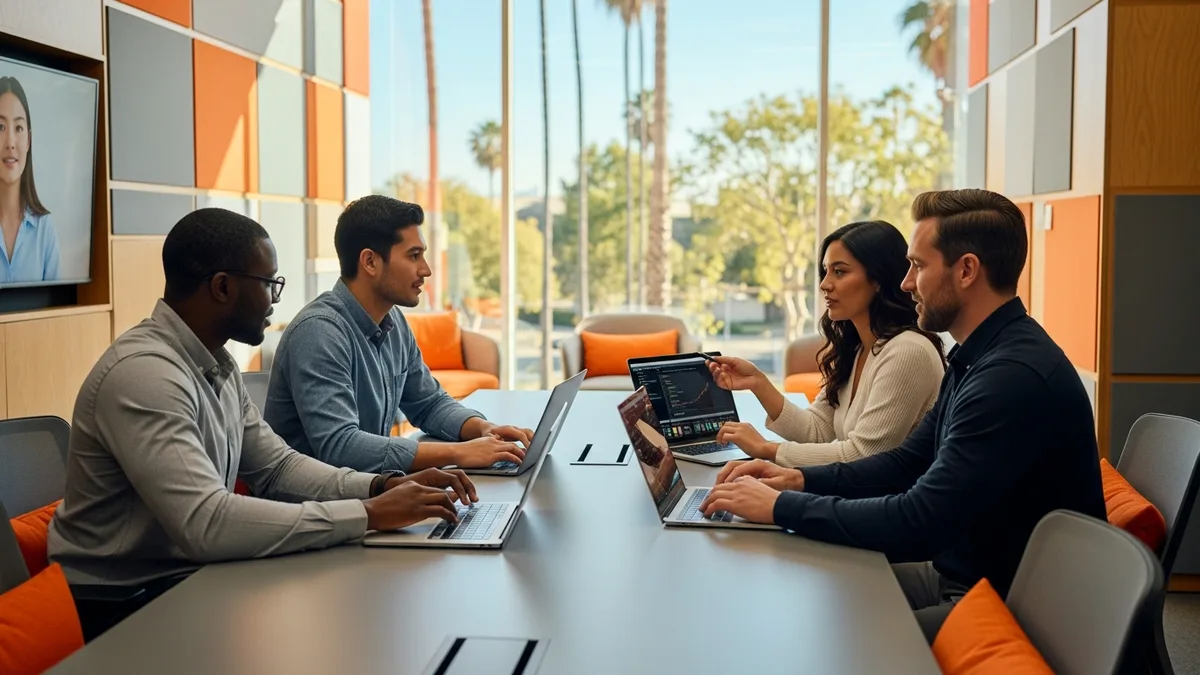 Hybrid technology team collaborating in a Sun Belt office in an emerging tech hub