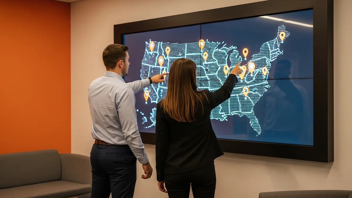 KORE1 recruiters reviewing a United States tech talent map highlighting emerging tech hubs