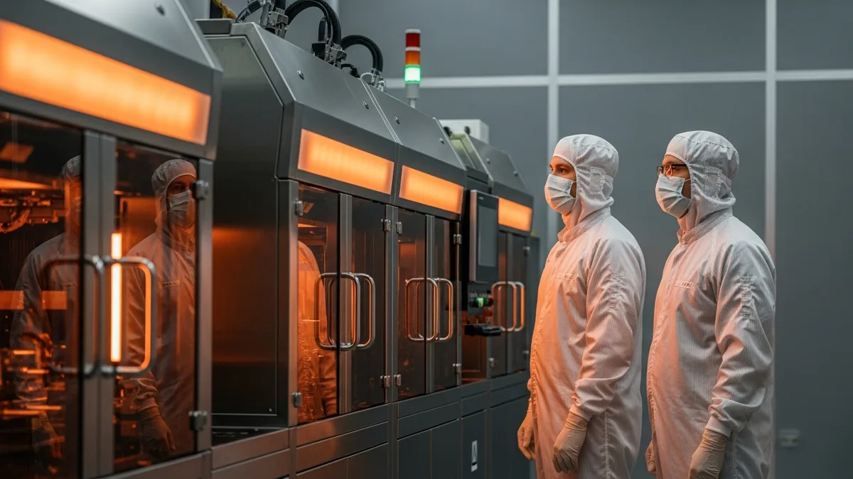 Semiconductor process engineers in a cleanroom at an emerging tech hub chip fabrication facility