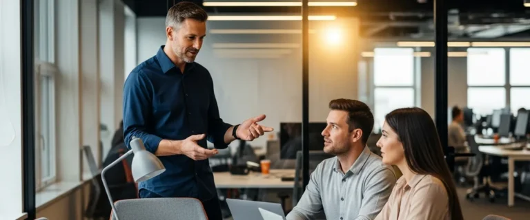 Engineering leader presenting a build vs buy decision framework to two colleagues in a modern office